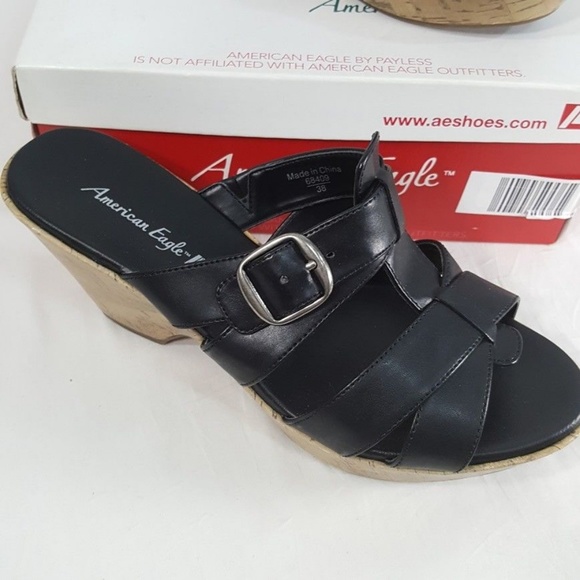 AE Madison Cork Heel Sandal Black Platform Shoe - Picture 3 of 8